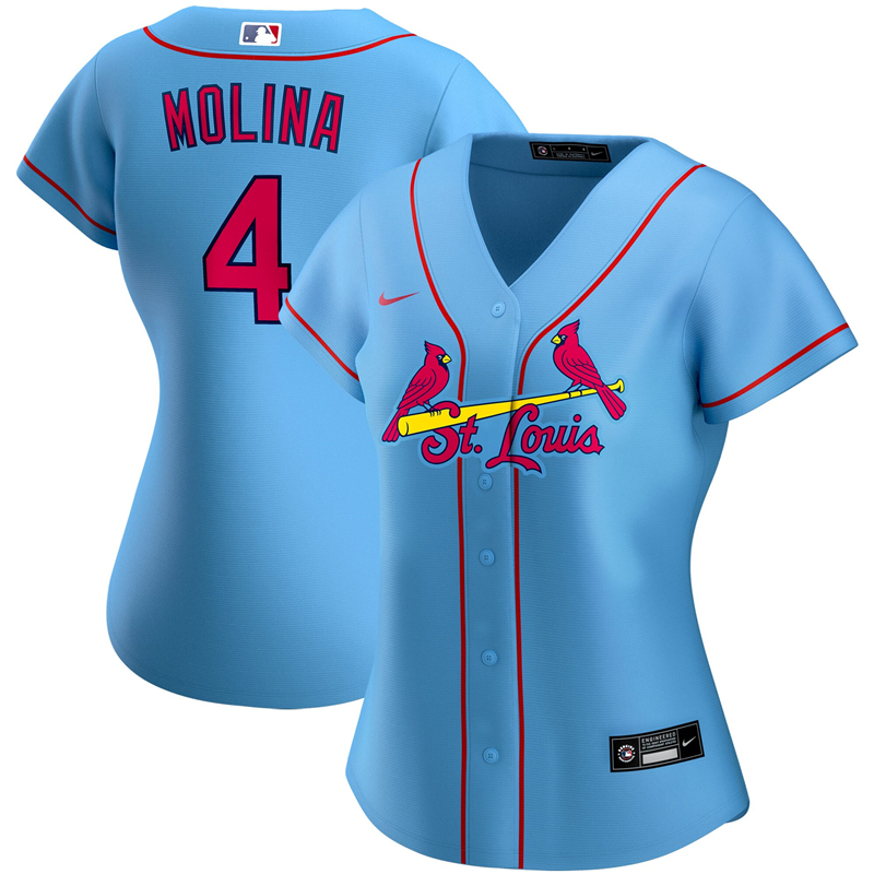 2020 MLB Women St. Louis Cardinals #4 Yadier Molina Nike Light Blue Alternate 2020 Replica Player Jersey 1